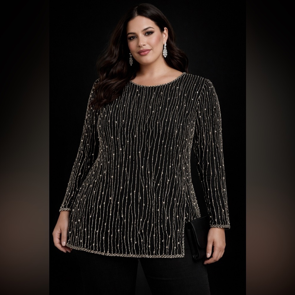 Adrianna Papell Beaded Top 1X Black Pearl Art Deco Glam Side Slits Tunic